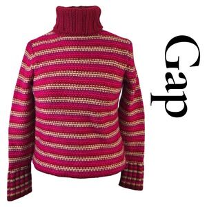 Gap Vintage Striped Wool Blend Chunky Knit Turtleneck Sweater Large Y2K